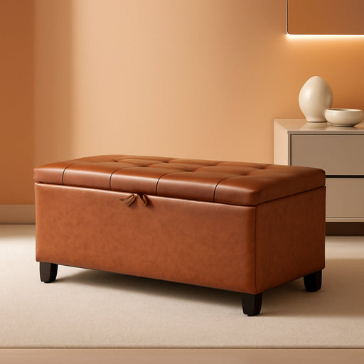 Ottoman with Storage,Tufted Storage Bench with Safety Hinge,Holds up to 330 Lb,Upholstered Bench with Seating for Bedroom, Living Room,Entryway,Leather Reddish Brown