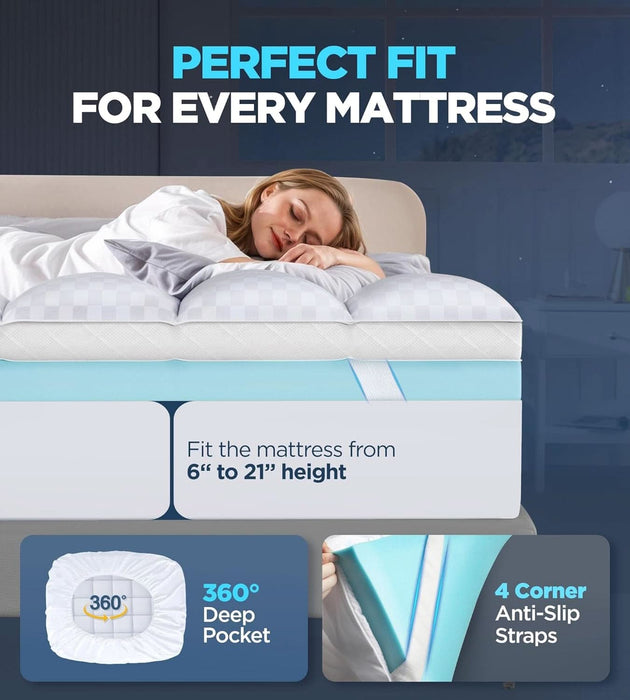 Dual Layer Memory Foam Mattress Topper for Pain Relief with 2X Support, 2" Fluffy Pillow Top Queen Mattress Topper plus 2" Odor-Free Cooling Gel Memory Foam Ultra Comfort Mattress Pad Cover
