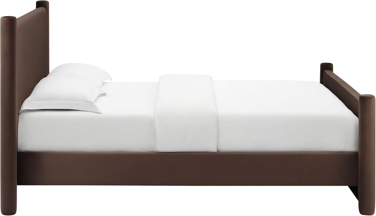 Rael Queen Platform Bed Frame with Upholstered Headboard and Footboard in Chocolate Brown – Stain-Resistant Performance Velvet Queen Size Bed with Rounded Posts