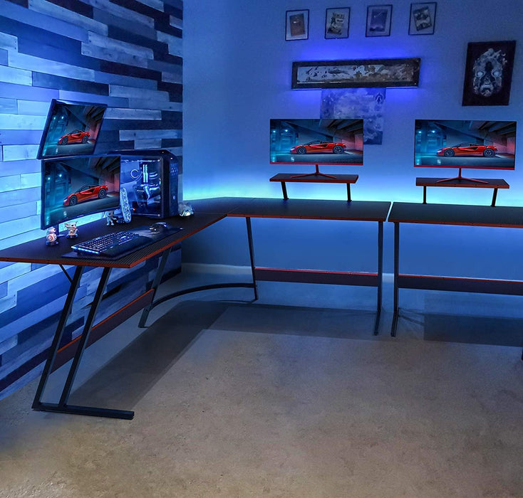 L Shaped Gaming Desk Computer Corner Desk PC Gaming Desk Table with Large Monitor Riser Stand for Home Office Sturdy Writing Workstation (Black, 51 Inch)