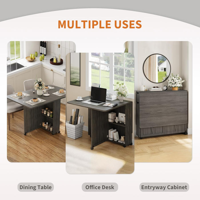 Folding Dining Table with Storage, Folding Kitchen Table with 6 Wheels, Drawer & Shelves, Compact Dining Table for Small Spaces