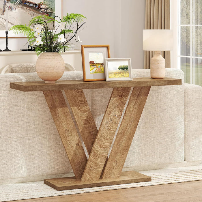51 Inch Console Table, Modern V-Shaped Entryway Table, Wood Sofa Table behind the Couch for Living Room, Hallway, Entrance, Foyer, Easy Assembly, Brown