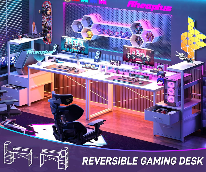 Gaming Desk with LED Strip & Power Outlet, 59Inch Reversible Computer Desk with Monitor Stand & Storage Shelves, Home Office Desks with Fabric File Drawer, Gamer Table PC Desk, White