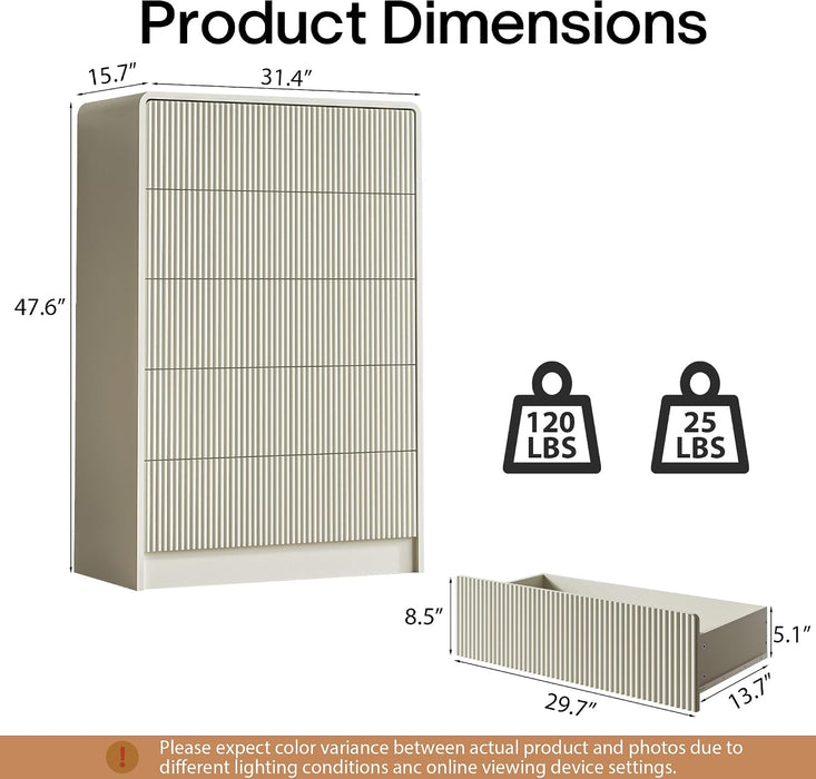 31.5" Wide Modern Curved 5 Drawer Dresser，Beige