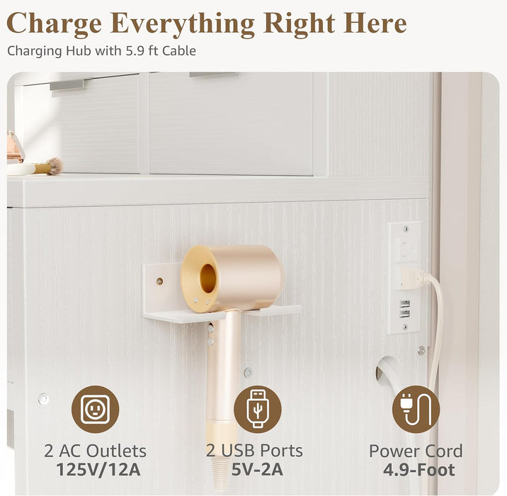 White Makeup Vanity Desk with Hollywood Mirror and Lights, Girls Compact Make up Table with Drawers and Outlet for Bedroom Small Space