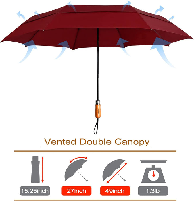 Large Folding Golf Umbrella - Compact Mens Umbrellas Travel Rain and Windproof 54Inch Collapsible Automatic Open Close Umbrella 210T Teflon Vented Double Canopy