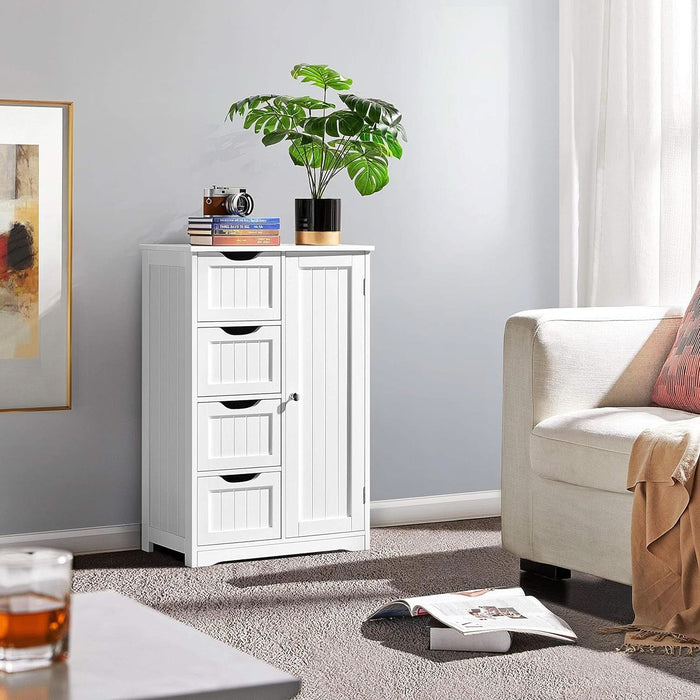 Wooden Floor Cabinet, Side Storage Organizer with 4 Drawers and 1 Cupboard, Freestanding Entryway Storage Unit Console Table, Bathroom Furniture Home Decor, White