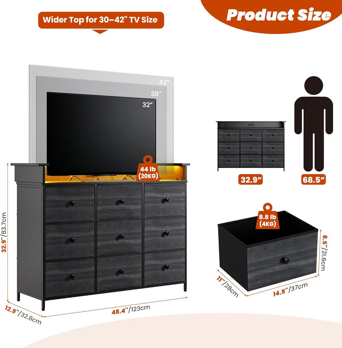 9 Drawer Dresser for Bedroom, TV Stand for Bedroom, Black Dresser with LED Light,Fabric Dresser for Hallway Entryway (Black Wood Grian)