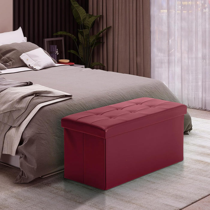Ottoman Bench with Storage 30X15X15 Inches White Ottoman for Room Folding Leather Footrest Footstool Rectangle Collapsible Furniture with Lid for Bedroom Living Room Burgundy