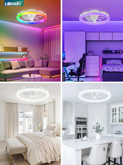 RGB Low Profile Ceiling Fans with Lights and Remote, 20 Inch Dimmable Modern Ceiling Fan(3000K-6000K), 6 Speed, Reversible, APP & Remote Control, Flush Mount Fan Light, White RGB Ceiling Fans