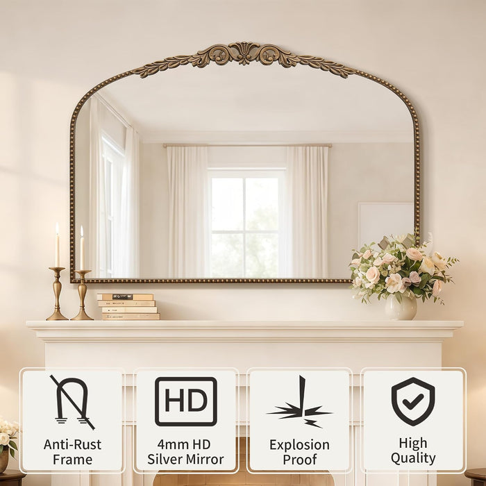Gold Large Fireplace Mirror: 48"X33" Baroque Vintage Arched Mirror