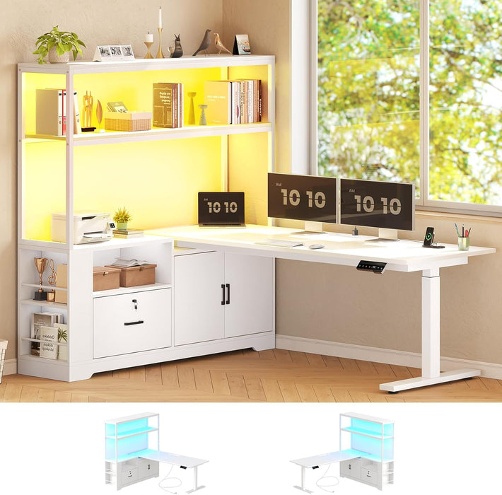 56.7" L Shaped Standing Desk, Reversible Computer Office Desk with Drawers & Hutch, Stand up Corner Gaming Desks with LED Lights & Power Outlets for Home Office, White