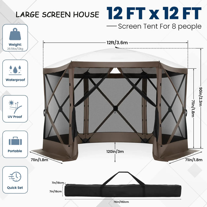 12X12Ft Pop-Up Gazebo Screen Tent Screen House with Sidewalls and Mosquito Netting for Camping, Waterproof, UV Resistant, EZ Set-Up Party Canopy with Carrying Bag and Ground Stakes, Brown