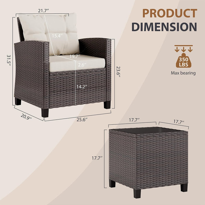 3 Piece Wicker Patio Furniture Set - Outdoor Rattan Conversation Set with Soft Cushions & Glass Coffee Table for Balcony, Porch, Small Backyard - All Weather Beige Bistro Set, Beige