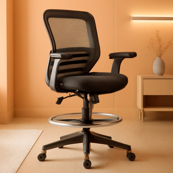 400Lbs Mesh Ergonomic Office Drafting Chair Big Adjustable Foot Ring Height Adjustable Armrest(Black)
