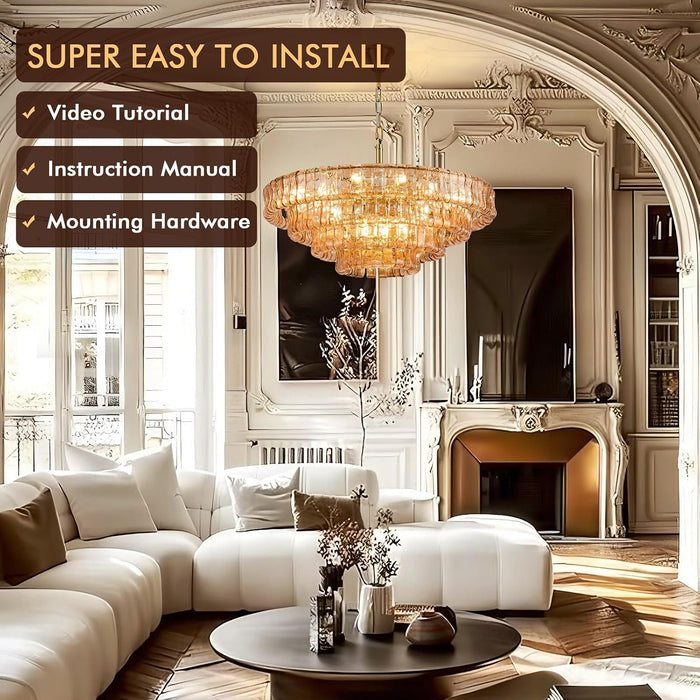 35In Large Chandelier Gold, Modern Dining Room Light Fixtures, 4 Layer Luxury Glass Chandelier 18 Light Chandeliers for Dining Room Kitchen Island Living Room (Amber Glass)