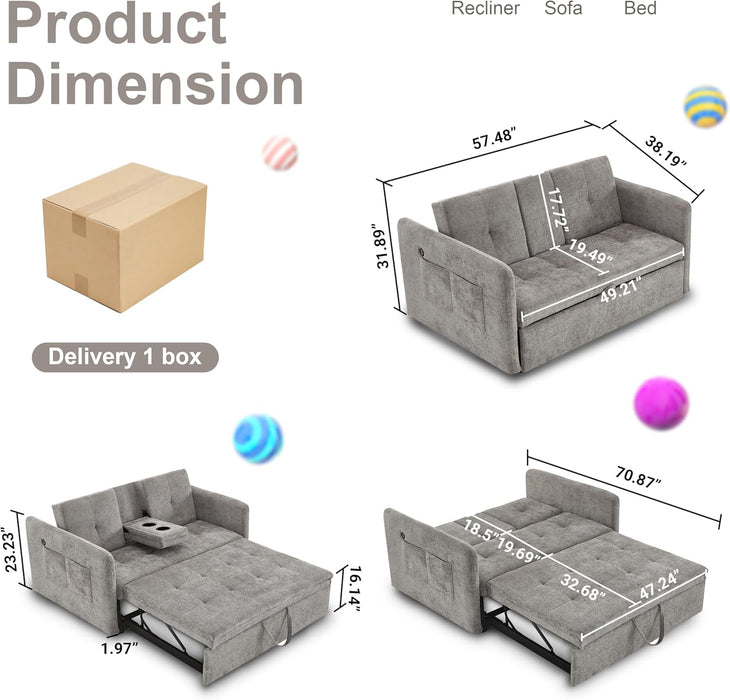 57Inch Convertible Sofa Bed With USBChargingPorts Grey