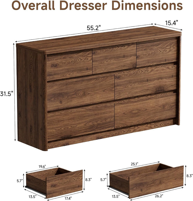 Modern 7 Drawers Dresser for Bedroom, 55" Wide Bedroom Dressers & Chest of Drawers W/Curved Profile, Mid Century Wood Dressers with Handleless Design, Large Dresser for Bedroom Living Room