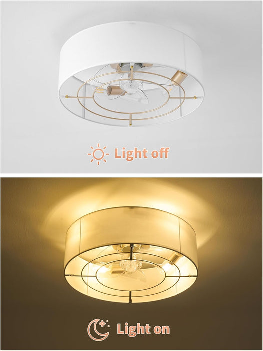 Low Profile Ceiling Fans with Lights, 20" Flush Mount Ceiling Fan with Light, Boho Bladeless with 6 Speeds, Rattan Remote Control for Bedroom, Nursery, Living Room
