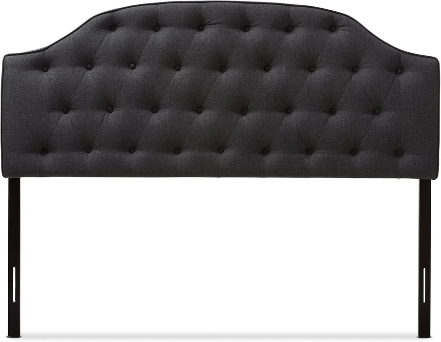 Elaine Scalloped Buttoned Size Fabric Upholstered Headboard, Queen, Dark Grey