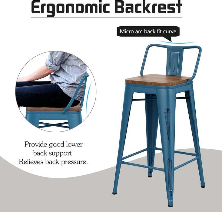 24" Metal Bar Stools Set of 4 Counter Height Barstools, Industrial Counter Stool Kitchen Bar Chairs with Modern Wooden Seat, Distressed Navy