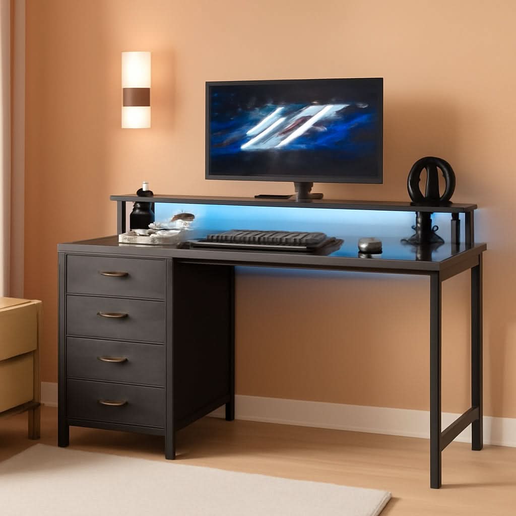 47 Inch Computer Desk with Power Outlets and LED Lights, Gaming Desk w ...