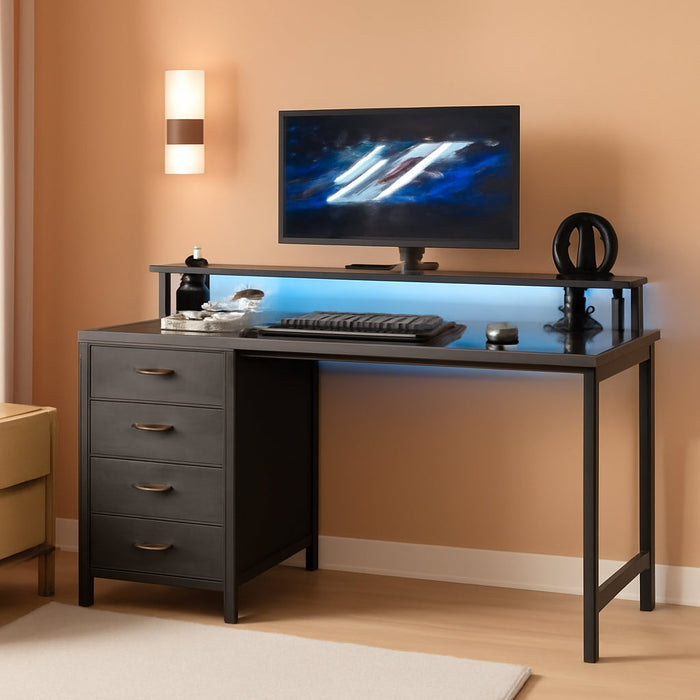 47 Inch Computer Desk with Power Outlets and LED Lights, Gaming Desk with 4 Drawers, Office Desk with Monitor Stand, Study Desk Work Desk for Home Office, Small Spaces, Gray