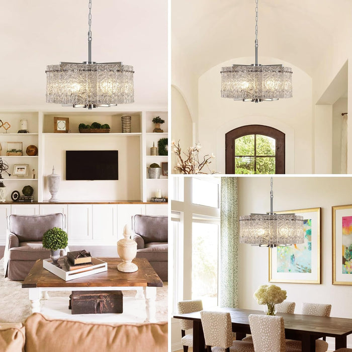 Brushed Nickel Glass Chandeliers for Dining Room, 18.7'' Modern Farmhouse Glass Drum Chandelier for Entryway, 5-Light Hanging round Light Fixture for Living Room Bedroom Foyer Hallway Kitchen Island