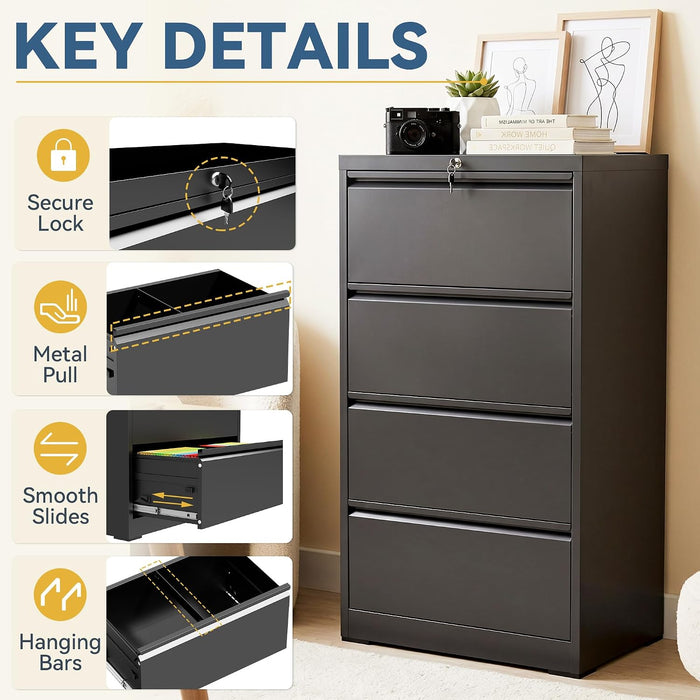 4 Drawer File Cabinet with Lock, Black Metal Lateral Filing Cabinet