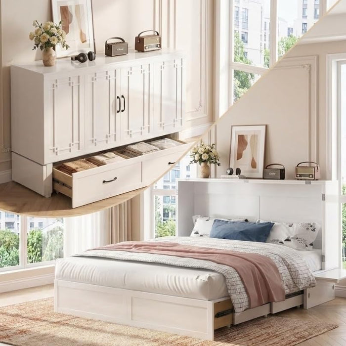 Queen Murphy Bed Cabinet USBPorts With DrawerStorage