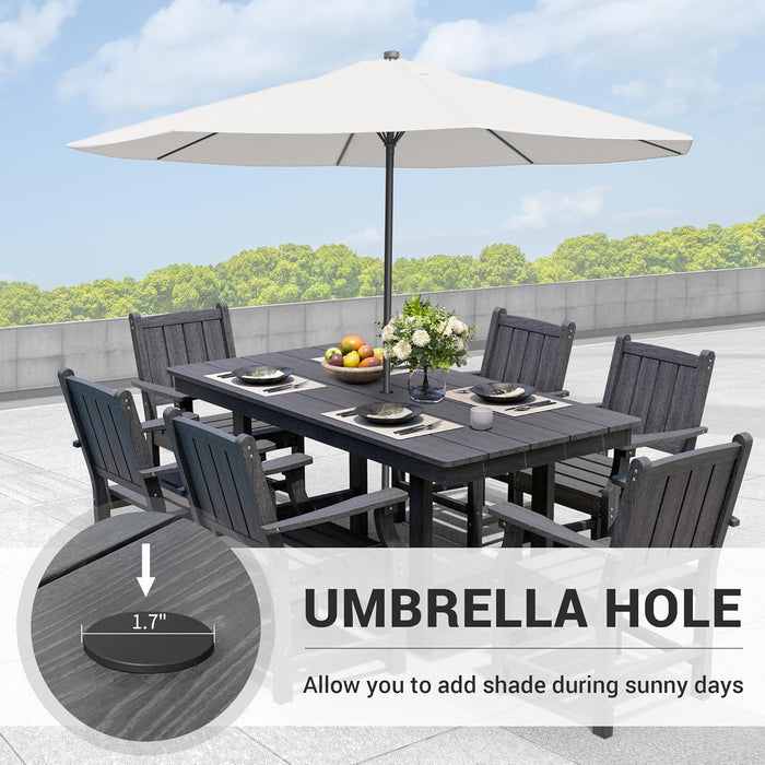 Wood Grain 7-Piece Outdoor Dining Set, Spacious HDPE Outdoor Furniture, Durable Patio Table and Chairs Set with Armrests and Umbrella Hole, Gray