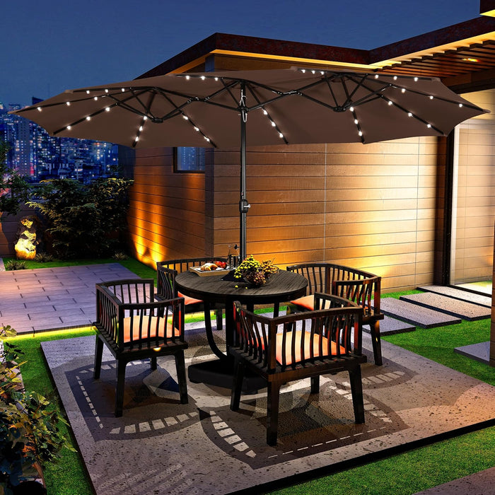 15 Ft Large Patio Umbrella with Solar Lights Double-Sided Outdoor Rectangle Market Umbrellas with 36 LED Lights/Base Included/Easy Crank for Patio Garden Yard Pool Lawn, Brown