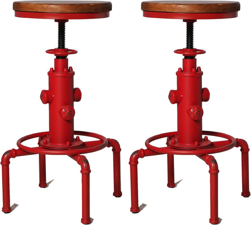 Aged Antique Vintage Industrial Barstool Solid Wood Water Pipe Fire Hydrant Design Cafe Coffee Industrial Bar Stool Set of 2 Antique Red
