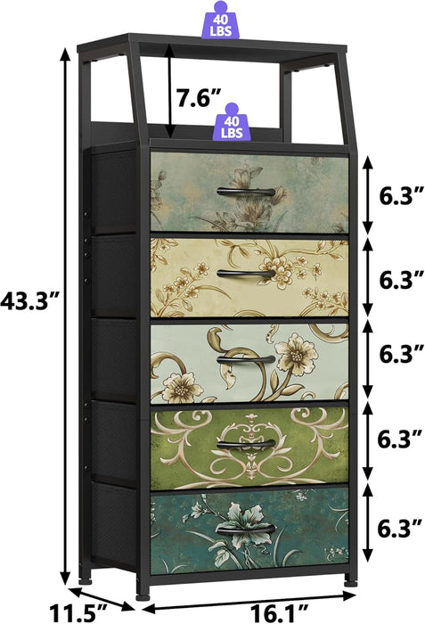 Retro 5 Drawers Dresser, Tall Dressers for Bedroom, Closet, Hallway, Nursery, Fabric Storage Tower Organizer, Vertical Nightstand Side Table Furniture, Steel Frame, Wood Top