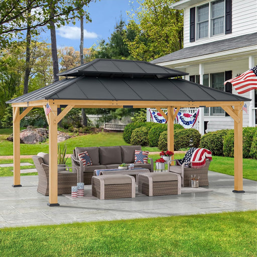 12 X 16 Ft. Wood Gazebo, Outdoor Patio Hardtop Gazebo Cedar Framed Wooden Gazebo with 2-Tier Metal Roof, Suitable for Patios, Lawn and Backyard, Matte Black Roof + Gray Wood Frame