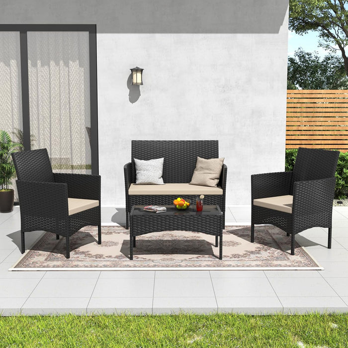 4 Pieces Patio Conversation Set Outdoor Rattan Patio Furniture Set Wicker Chairs with Soft Cushion and Glass Table for Patio, Backyard, Porch, Poolside(Sand)