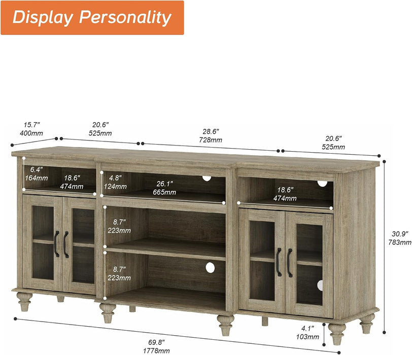 Buffet Cabinet with 4 Glass Doors, Large Coffee Bar Tables Wood Kitchen Storage Cabinets with 9 Storages, Modern Farmhouse Sideboard Credenza, Wash Gray, 70 Inch