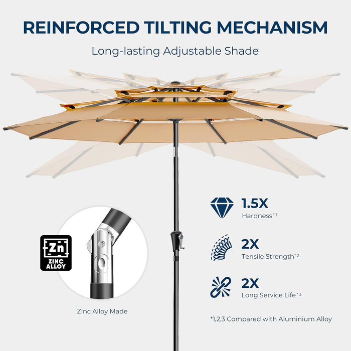 9FT 3-Tier Patio Umbrella, Vented Outdoor Market Table Umbrella | 5-Year Fade Resistant Commercial Canopy with UPF50+ UV Protection. Push Button Tilt & Crank for Pool, Backyard, Deck Shade