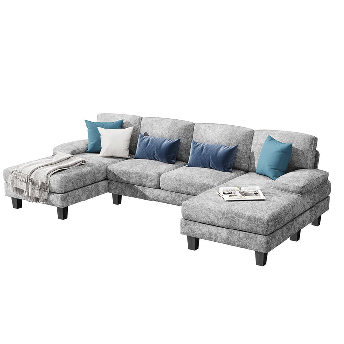 U-Shaped Sectional Sofa with Chaise, 4 Seats Chenille Fabric Sofa for Living Room, Gray