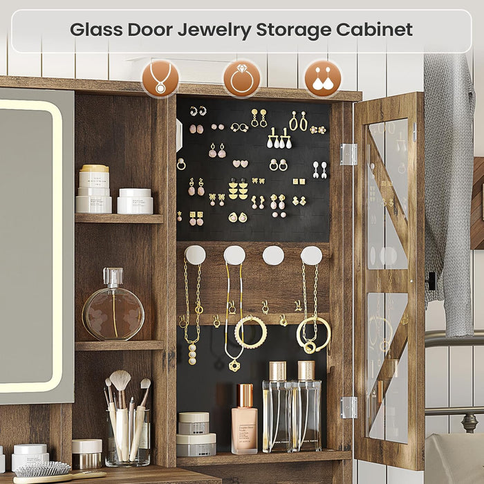 Farmhouse Vanity Desk with Mirror and Lights, Makeup Vanity Set with Lights & Jewelry Cabinet & 5 Drawers, Vanity Table with Charging Station, Hidden Storage Space for Bedroom, Brown