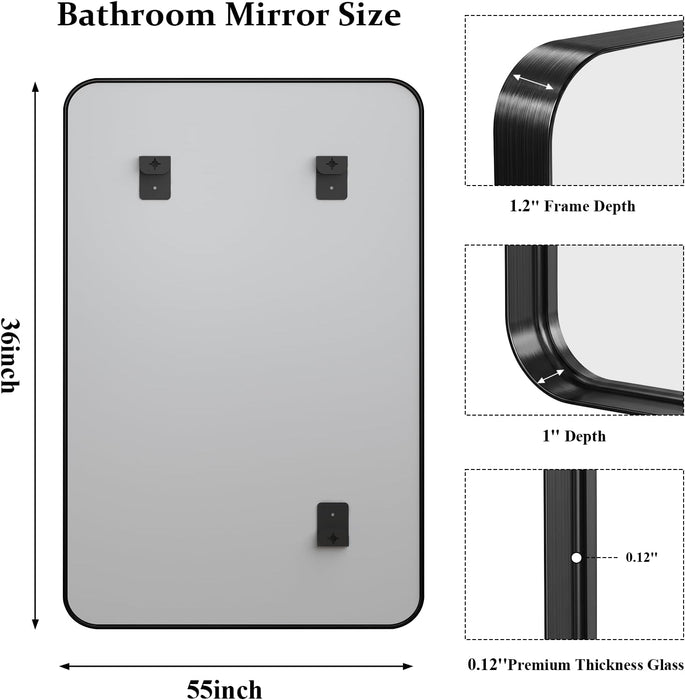 36X55 Inch Black Bathroom Mirror Metal Framed, HD Tempered Glass