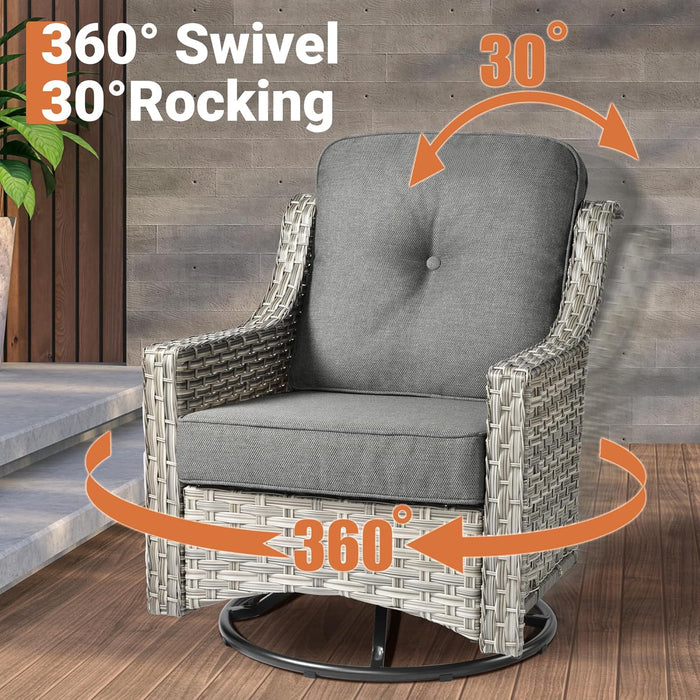 Outdoor 5 Piece Patio Furniture with Fire Pit Table,Wicker Coversation Set with Swivel Rocking Chair,Comfy Sectional Deep Sofa for outside Porch Balcony Backyard Pool,Dark Grey