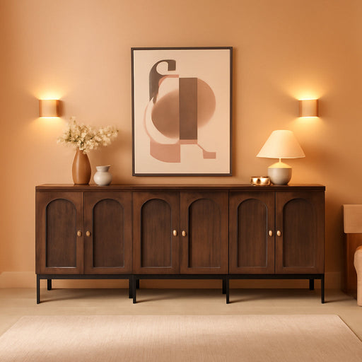 92.63" W Modern Arched Sideboard Buffet Cabinet with Storage, Brown | Fluted Arch Sideboard Cabinet W/Adjustable Shelves, Wooden Modular Kitchen Cabinet for Dining& Living Room, Entryway
