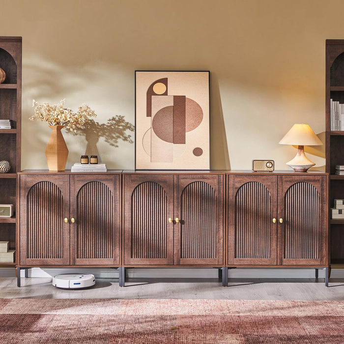 92.63" W Modern Arched Sideboard Buffet Cabinet with Storage, Brown | Fluted Arch Sideboard Cabinet W/Adjustable Shelves, Wooden Modular Kitchen Cabinet for Dining& Living Room, Entryway