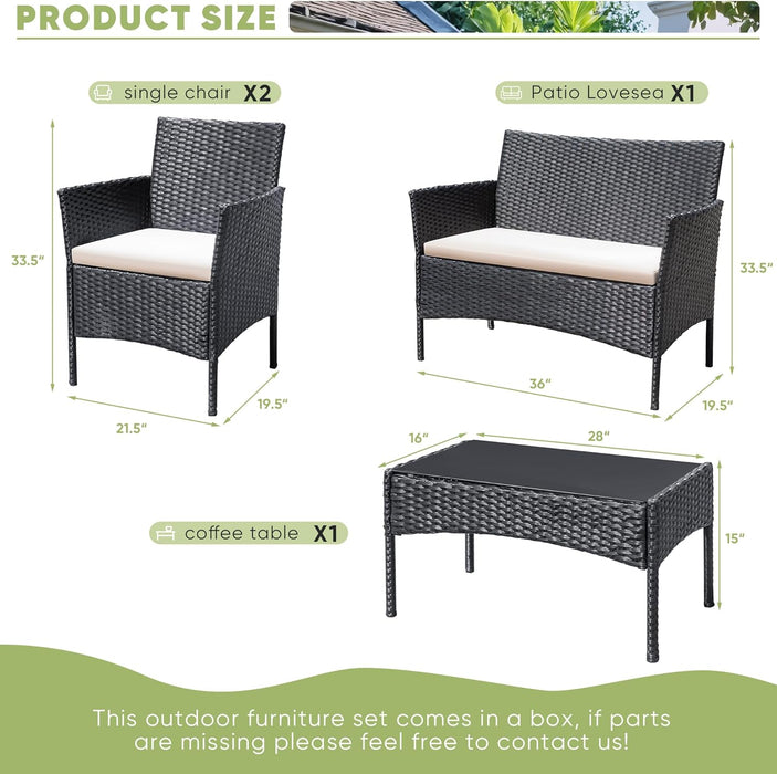 Patio Furniture 4 Pieces Conversation Sets Outdoor Wicker Rattan Chairs Garden Backyard Balcony Porch Poolside Loveseat with Cushion and Glass Table, Black and Beige