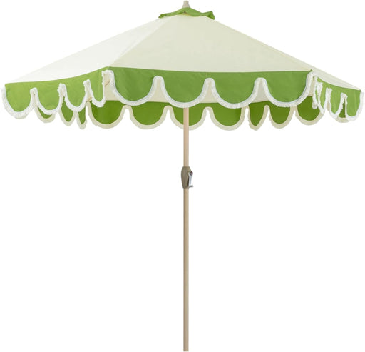 9Ft Scalloped Patio Umbrellas with Fringe, Market Umbrellas with Water-Resistant and Fade Resistant Canopy, 1.5" Wood Pole & Button Tilt,Green Beige Spliced