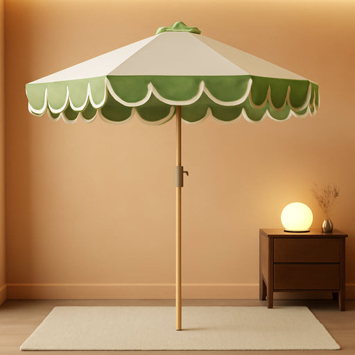 9Ft Scalloped Patio Umbrellas with Fringe, Market Umbrellas with Water-Resistant and Fade Resistant Canopy, 1.5" Wood Pole & Button Tilt,Green Beige Spliced