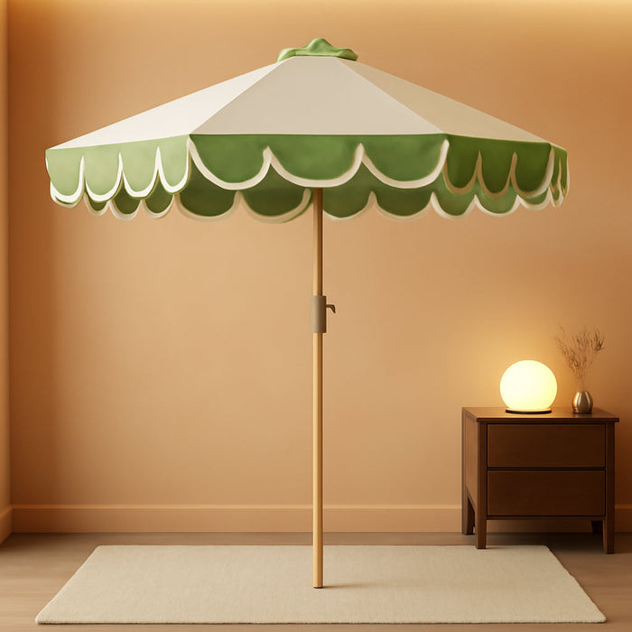 9Ft Scalloped Patio Umbrellas with Fringe, Market Umbrellas with Water-Resistant and Fade Resistant Canopy, 1.5" Wood Pole & Button Tilt,Green Beige Spliced