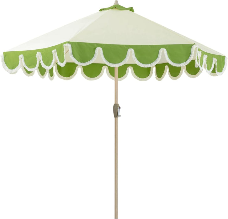 9Ft Scalloped Patio Umbrellas with Fringe, Market Umbrellas with Water-Resistant and Fade Resistant Canopy, 1.5" Wood Pole & Button Tilt,Green Beige Spliced