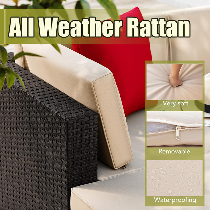 5 Piece Patio Conversation Set Wicker Rattan Furniture Outdoor Sofa with Cushions,Pillows & Glass Table for Porch,Lawn and Yard,Beige